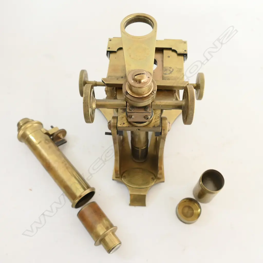 BRASS MONOCULAR MICROSCOPE by JAMES PARKES & SON, B'HAM  w VARIOUS LENSES (CASE w REPLACED DOOR) Image 1++